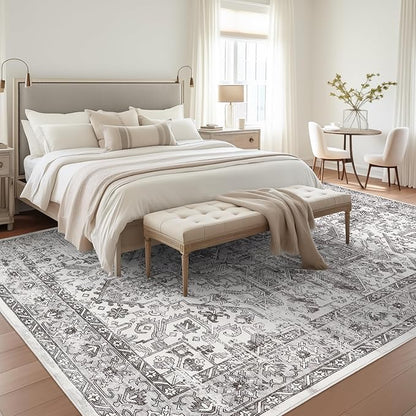zesthome 6x9 Area Rug, Super Soft Washable Rugs for Living Room, Non-Slip Stain Resistant Vintage Rugs, Ultra-Thin Large Area Rugs (Grey/White,6'x9')