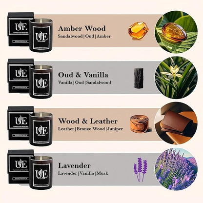 4 Pack Scented Candles Set | Black Scented Candle Set of Amber Wood, Oud Vanilla, Wood Leather, Lavender | 220 Hour Long Lasting Soy Wax Candles for Home | Gifts for Men, 32 oz
