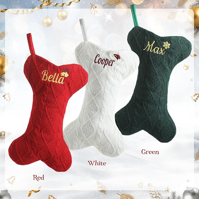 Personalized Christmas Stockings for Dogs,Custom Embroidered Name+Logo Xmas Knitted Bone Stockings,Holiday and Family Stocking for Fireplace Christmas Holiday Party Decoration 1-6Pack（White）