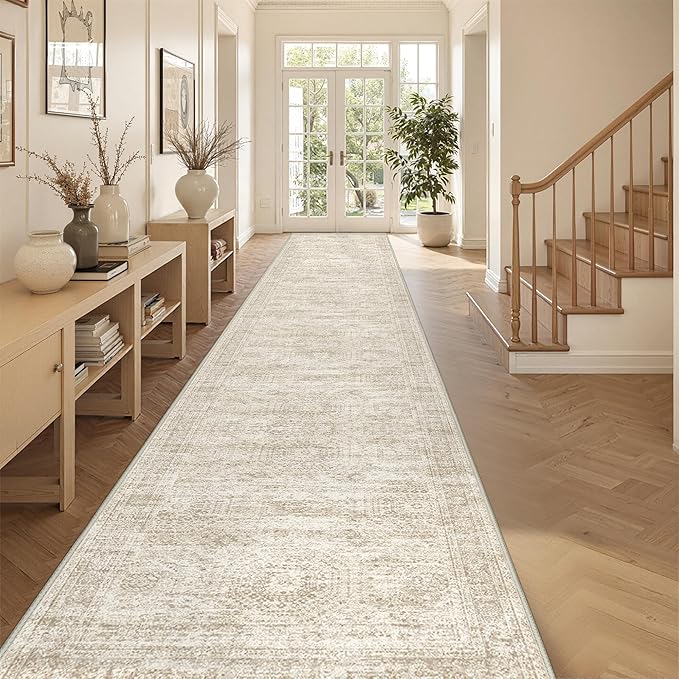 3x18 Washable Runner Rug for Hallway, Non-Slip Long Hallway Runner for Entryway, Soft Vintage Kitchen Mats for Floor, Abstract Dining Room, Bedroom, Living Room Rugs(3'x18', Beige/Ivory)