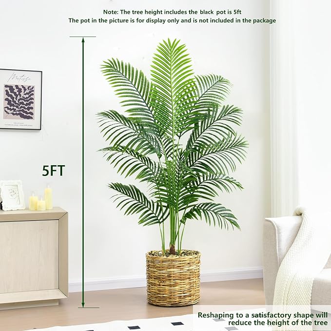 Artificial Palm Tree 5FT Artificia Plants Indoor Fake Tree Tropical Fake Plam Trees Areca Floor Plant in Black Pot with 13 Trunks & Real Bark Design Faux Palm Plant for Outdoor Home Room Decor