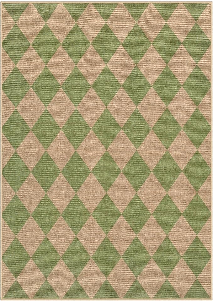 Lahome Checkered Washable Rugs 5x7, Green Area Rug Neutral Large Outdoor Patio Living Room Rug, Farmhouse Non Slip Non Shedding Floor Carpet for Courtyard Camping
