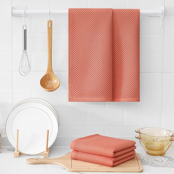 Kitinjoy 100% Cotton Waffle Weave Kitchen Towels, 6-Pack Super Soft and Absorbent Dish Towels for Drying Dishes, Kitchen Hand Towels, 13 in x 28 in, Coral