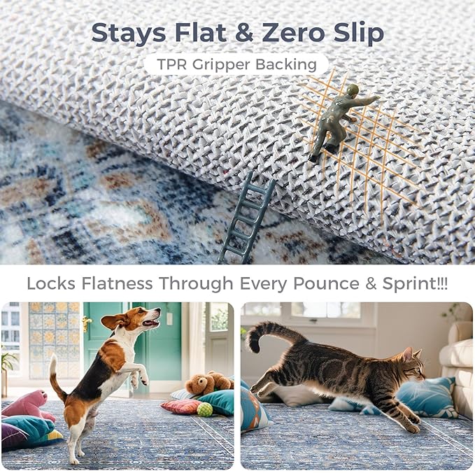 OPPODREAM Thin Vintage Blue 2x8 Runner Rug, 2 x 8 Retro Washable Rug Non Slip, Low-Pile Faux Wool Carpet, Distressed Navy Floor Mat for Kitchen, Hallway, Entry-Way, Entrance, Indoor Back Door