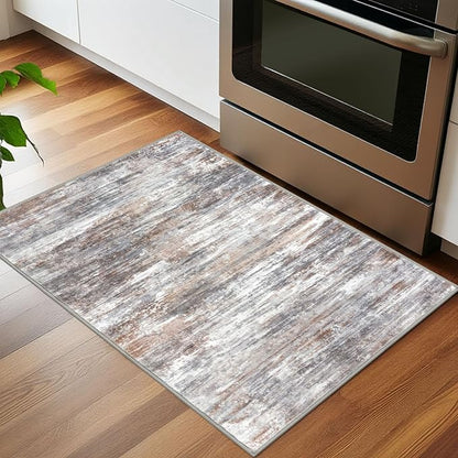KOZYFLY Modern Abstract Small Area Rugs 2x3, Washable Kitchen Rug Non-Slip Soft Small Bathroom Rug, Multi Grey Striped Entryway Rugs Print Faux Wool Doormat for Bedside Entrance Bedroom Sink