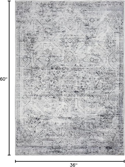 Area Rug 3×5, Vintage Boho Rug,Ultra-Soft Low Pile, Washable, Non Slip,Stain Resistant Printed Carpet for Living Room Bedrooms Playroom Office Kitchen, Classic-Grey