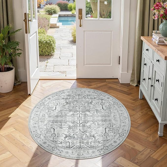 jinchan Round Rug 4ft Vintage Machine Washable Area Rug Kitchen Indoor Circle 4' Ultra-Thin Non-Slip Floral Print Carpet for Farmhouse Entryway Dining Room Living Room Bedroom Office (4'Round,Grey)