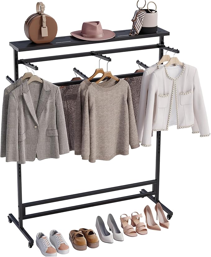 lesolar 6 Arms Retail Clothing Rack with Wheels, Height Adjustable Clothing Display Rack Shirt Clothes Display Stand Floor Standing Metal Garment Racks for Boutiques Retail Stores Home
