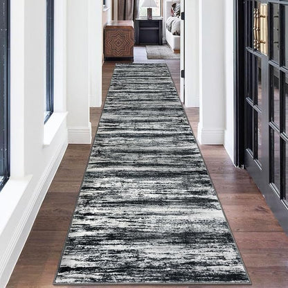 KOZYFLY Modern Abstract Washable Rug Runner 2.6x14 Hallway Rug Runner Non-Slip Soft Kitchen Runner Rugs, Black Navy Blue Grey Striped Carpet for Entryway Bathroom Laundry Room Foyer