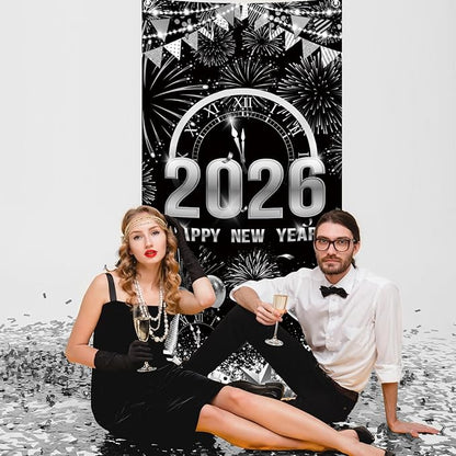 MEHOFOND 2026 Happy New Year Door Cover, Black and Silver New Year Front Door Party Decorations, Cheers to 2026 Hello 2026 Fireworks Champagne Balloon Decor Holiday Party Photo Booth Props