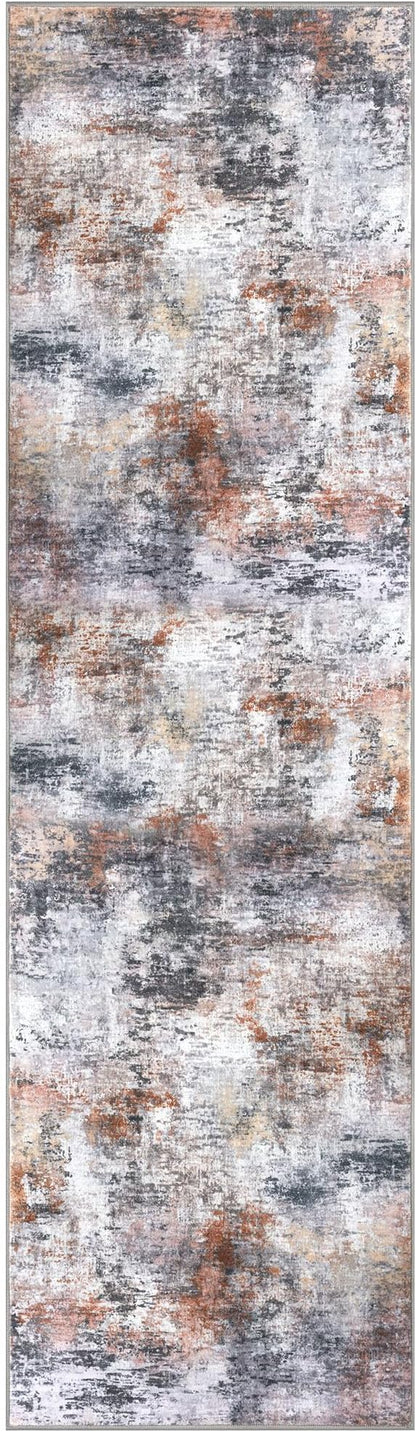 Modern Abstract Runner Rug for Bedroom 2x7, Grey Orange Multi Washable Kitchen Runner, Non-Slip Soft Thin Faux Wool Mat for Entryway, Hallway, Laundry Room Indoor