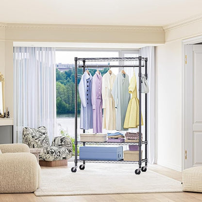 IZEUK Heavy Duty Rolling Garment Rack with 3 Adjustable Wire Shelves, Hanging Rod & Side Hooks - Mobile Clothes Rack with Wheels, 29.5" W x 15.7" D x 75" H, Black