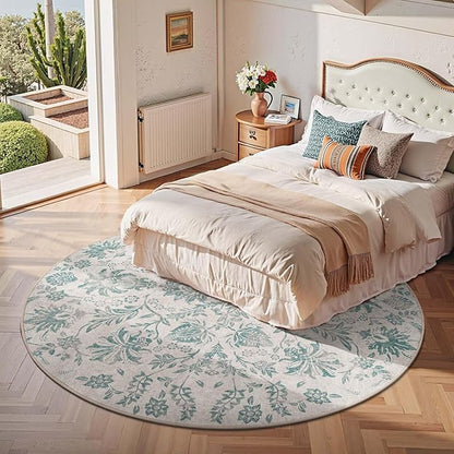jinchan Classic Floral Round Rug 7ft Vintage-Inspired Design 7’Circle Rug Machine Washable Ultra-Thin Low-Pile Non-Slip Indoor Carpet for Bedroom Dining Room Living Room