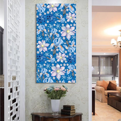 CanvasGarden Floral Canvas Wall Art, Blue Background Floral Watercolor Poster Mixed Blooms Botanical Soft Flower Home Decor, Framed Prints for Living Room Bedroom Office Decor, 16x32Inch