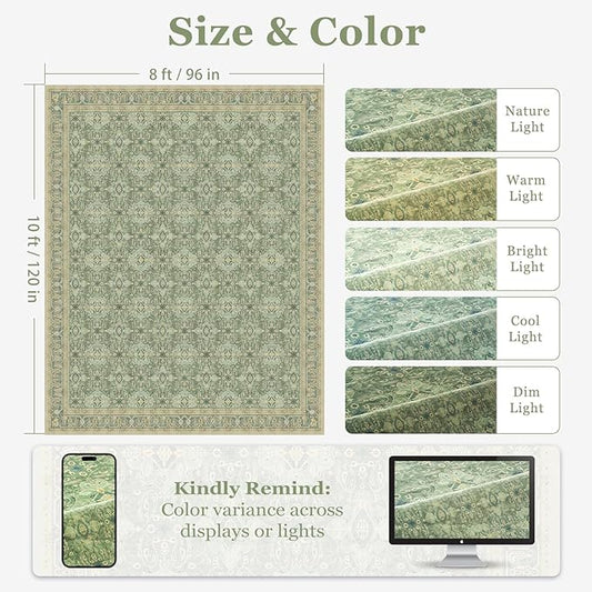 Jainmy Sage Green Rugs 8x10, Washable Non Slip Area Rug for Living Room Bedroom Dining Room, Boho Floral Moroccan Pattern Printed Carpet Rug Low Pile Thin for Nursery Playroom Kids Room