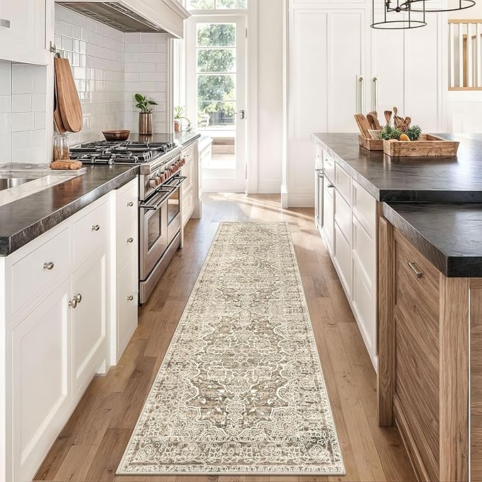 KUTA Hallways Runner Rug 2x8 Beige Brown, Vintage Floral Kitchen Rugs Non-Slip Washable Ultra Soft Printed Retro Distressed Flower Carpet Entryway Runners for Bedroom Nursery Hallways