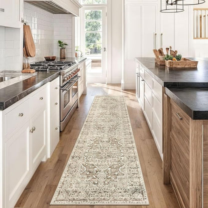 KUTA Hallways Runner Rug 2x8 Beige Brown, Vintage Floral Kitchen Rugs Non-Slip Washable Ultra Soft Printed Retro Distressed Flower Carpet Entryway Runners for Bedroom Nursery Hallways