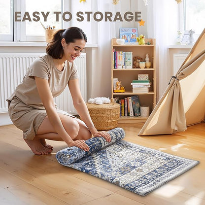 zesthome Washable Runner Rug 2.5x8 - Stain Resistant Entryway Rug,Ultra-Thin Kitchen Rugs, Anti Slip Backing Runner Rugs for Entrance Laundry Room Indoor Hallway (Blue/Beige,2.5'x8')