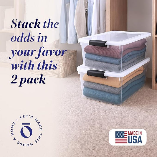 HOMZ 2-Pack Secure Latch, Clear Plastic Storage Organizer Bins, 64 Quart, Gray Latches - Stackable Container Boxes for Bedroom, Bathroom, Garage, and Office Organization