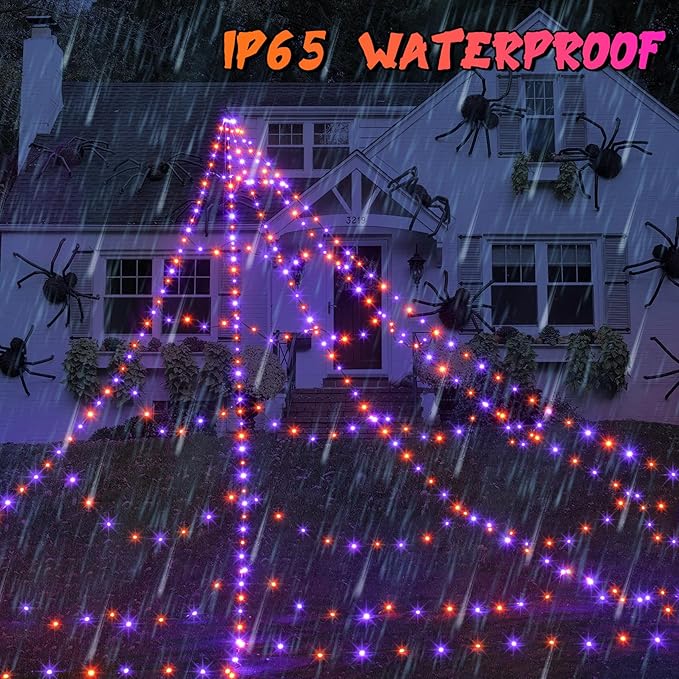 Halloween Spider Web Lights Decoration 455 LED Spider Webs Halloween Decorations Outdoor 16.4 Ft Light Up Giant Spider Web with 8 Lighting Modes & Timer for Outdoor Halloween Decor (Purple & Orange)