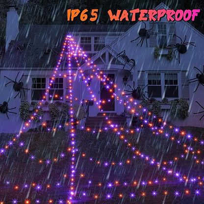 Halloween Spider Web Lights Decoration 455 LED Spider Webs Halloween Decorations Outdoor 16.4 Ft Light Up Giant Spider Web with 8 Lighting Modes & Timer for Outdoor Halloween Decor (Purple & Orange)