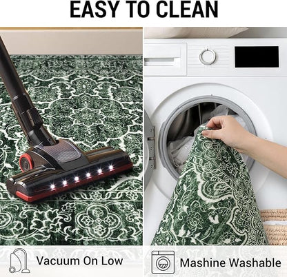 KUTA 3x5 Vintage Area Rug, Floral Kitchen Rugs Dark Green Washable Non-Slip, Ultra Soft Printed Distressed Medallion Entry Carpet Low-Pile Throw for Entrance Bedroom Living Room