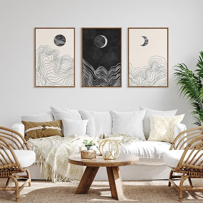 HLNIUC Black and White Abstract Wall Art Set of 3, Large Boho Framed Canvas Decor(24x36), Modern Celestial Sun Moon Painting, Geometric Line Mountain Art Print for Living Room, Bedroom, Office