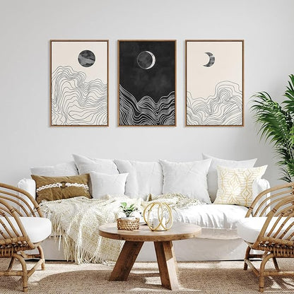 HLNIUC Black and White Abstract Wall Art Set of 3, Large Boho Framed Canvas Decor(24x36), Modern Celestial Sun Moon Painting, Geometric Line Mountain Art Print for Living Room, Bedroom, Office