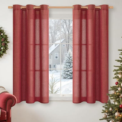 YoungsTex Red Linen Curtains 48 Inch Length for Living Room Window, Light Filtering Drapes with Bronze Grommet Privacy Christmas Decorative for Kitchen Bedroom Window, 42 x 48 Inch, 2 Panels