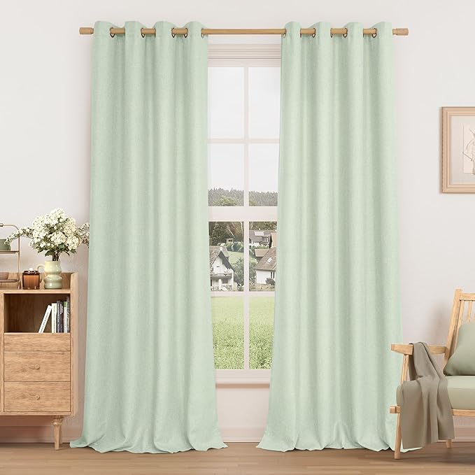 LAMIT Light Green Linen Curtains for Bedroom, Grommet Thermal Insulated Faux Linen Curtains Light Reducing Window Treatment Drapes for Living Room/Outdoor, Set of 2 Panels, W52 x L90