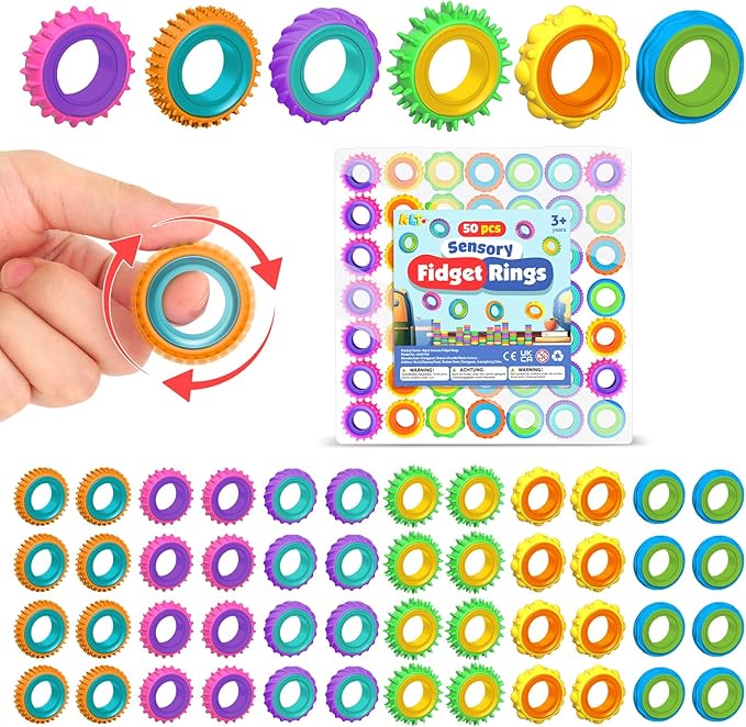 Fidget Toys Party Favors for Kids: 50 Pack Spinner Rings Bulk - Treasure Box Stress Toys for Teacher Classroom Prizes - Easter Basket Stuffers Bulk for Birthday Party Gifts