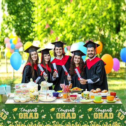 chiazllta Set of 3 Graduation Tablecloths Class of 2025 Congrats Grad Green Graduation Party Tablecover Decorations Party Supplies Large Size Plastic 54"x108"(Green & Gold)