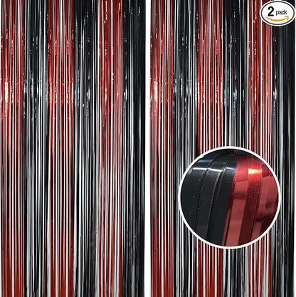 BRAVESHINE Tinsel Photo Backdrop Curtains - 2 Pack 3.2x8.2ft Black Red Foil Fringe Streamer Curtain for Christmas/New Years/Birthdays/Bachelorette/Home/Office/Indoor/Outdoor Party Supplies Decorations