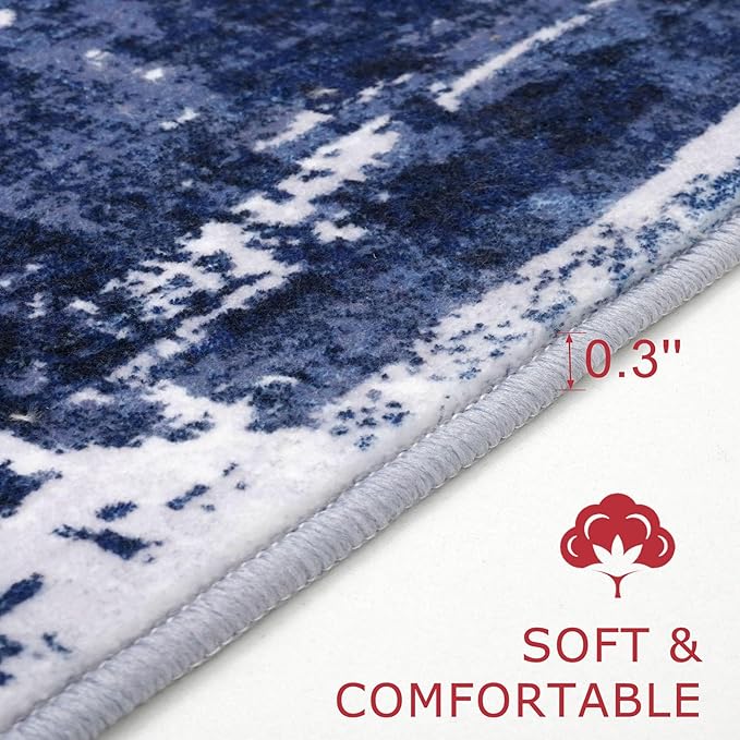 KOZYFLY Modern Abstract Area Rugs 5x7 Navy Blue Machine Washable Thin Rug for Bedroom Non-Slip Living Room Rug, Faux Wool Soft Low Pile Office Carpet for Dining Room, Bedroom, Kitchen