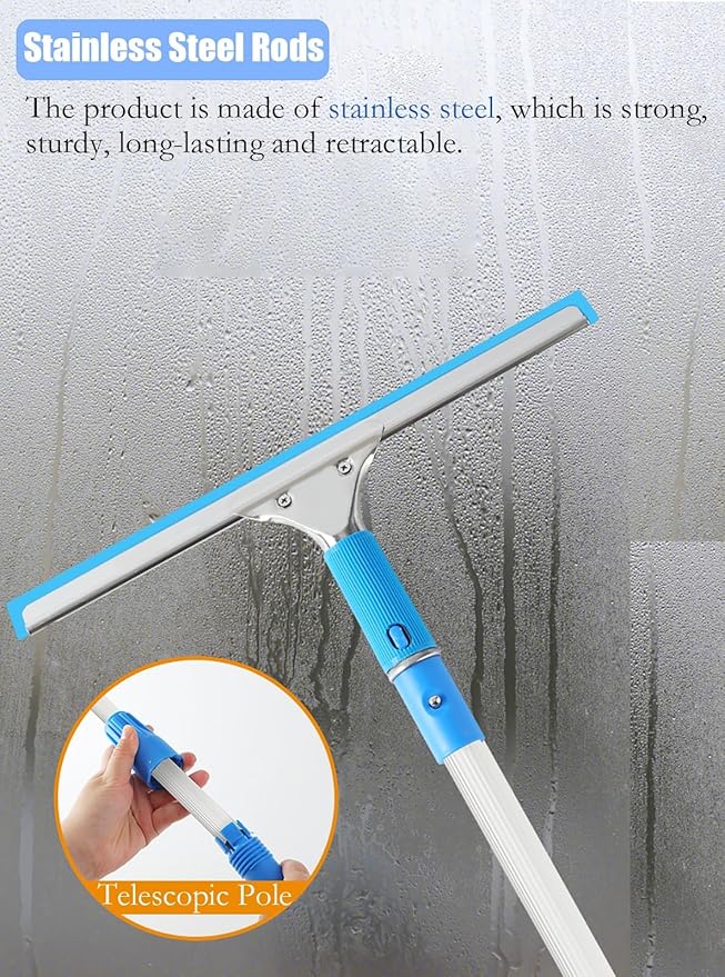 Extendable Telescopic Window Cleaning Pole - 21ft Stainless Steel Squeegee with Microfiber Scrubber(1.2-3.5m)