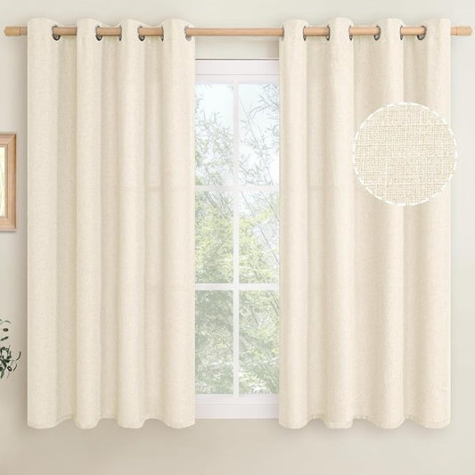 LAMIT Light Beige Linen Curtains for Bedroom 45 inch Length 2 Panels, Linen Textured Thermal Insulated Curtains Privacy Grommet Window Drapes for Living Room/Farmhouse, Set of 2 Panels, W52 x L45
