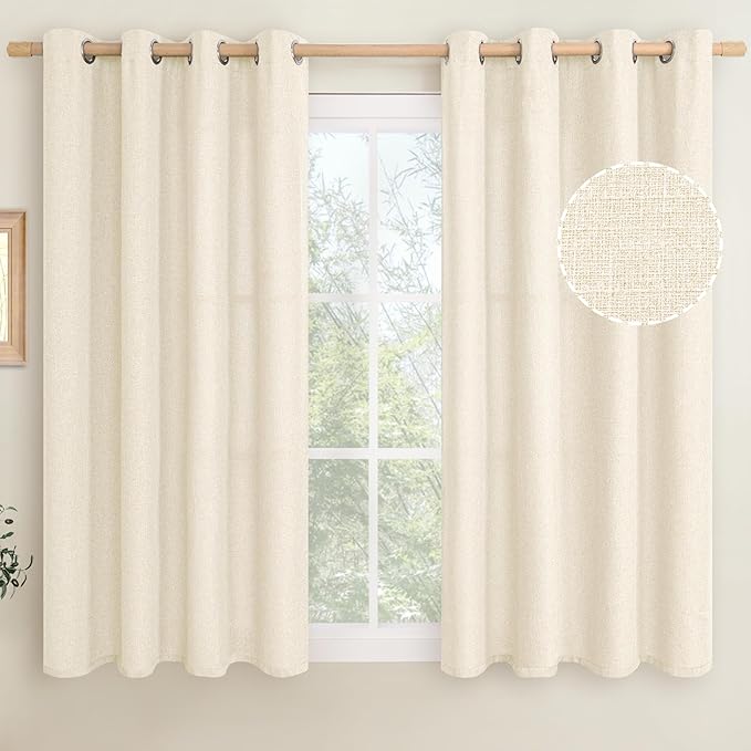 LAMIT Light Beige Linen Textured Curtains for Bedroom, Grommet Thermal Insulated Thick Burlap Natural Curtains Noise Reducing Window Treatment Drapes for Nursery/Kitchen, Set of 2 Panels, W52 x L54
