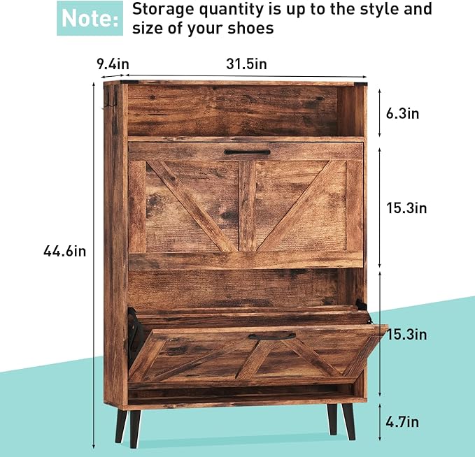 Vabches Shoe Storage Cabinet with 2 Flip Drawers,Freestanding Narrow Shoe Organizer with Open Storage,Hidden Slim Shoe Rack Cabinet for Entryway,Brown (2 Pack)
