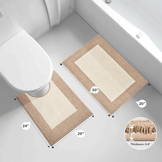 Bathroom Rugs U-Shaped 20" x 24", Non-Slip Extra Soft Absorbent Bath Rugs, Machine Washable Quick Dry Bath Mats for Toilet Base, Beige & Grayish Brown