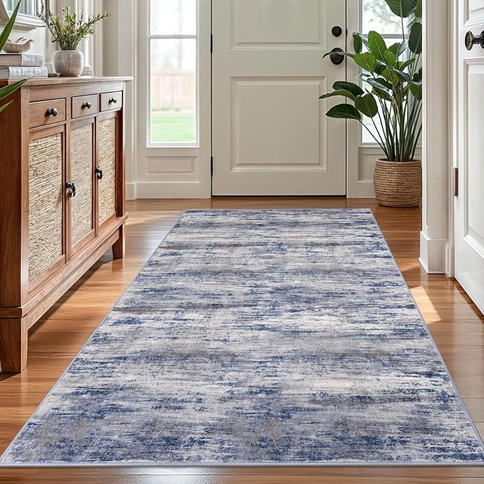 KOZYFLY 4x6 Area Rug Modern Ombre Washable Rugs for Bedroom Non-Slip Soft Striped Living Room Rugs, Print Grey-Blue Abstract Carpet for Laundry Nursery