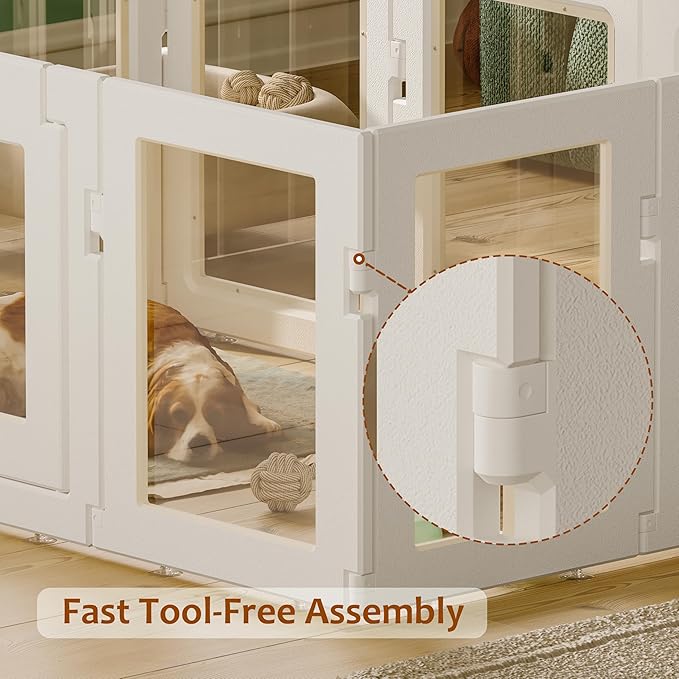 Clear Acrylic Dog Playpen Indoor, Puppy Cat Small Pet Play Pen, Easy Assemble & Disassemble Sturdy Plastic Dog Fence with Heavy Duty Door Lock (24In H, 10PCS), White