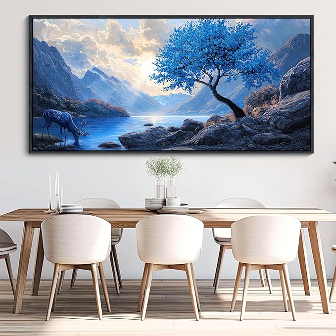 HKDGOKA Large Framed Canvas Wall Art, Blue Tree Mountains Landscape Paintings Artwork, Lake Stone Deer Abstract Modern Wall Picture for Living Room Bedroom Kitchen Farmhouse Home Decor 29x58 IN