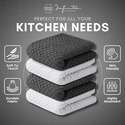 Infinitee Xclusives Premium Dish Cloth 100% Cotton 12 x 12 Inches |Pack of 4| - Ultra Soft Tea Towels - Highly Absorbent Kitchen Rags - Terry Dishcloth for Kitchen and Household Cleaning |Grey|