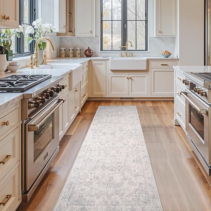 jinchan Runner Rug 2x5 Kitchen Rugs Hallway Runner - Machine Washable Vintage Floral Non-Slip,Low Pile Soft Ultra-Thin Distressed Carpet for Entryway Farmhouse Bedroom Laundry Room (2’x5’,Ivory)