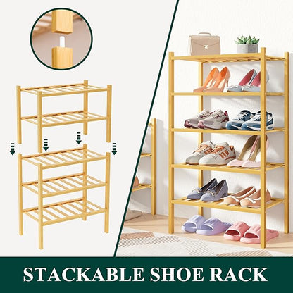 Smiry Bamboo Shoe Rack for Closet, 4 Tier Long Wooden Stackable Shoe Organizer, Free Standing Shoes Storage Shelf for Entryway, Front Door Entrance, Natural