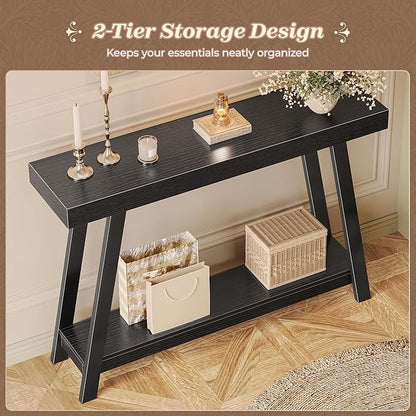 Huuger Console Table with Charging Station, USB-C Port, 2 Tiers Entryway Table, 47.2 Inch Sofa Table with Metal Legs, Entry Hallway Table with Thicker Desktop, Modern Behind Couch Table, Black