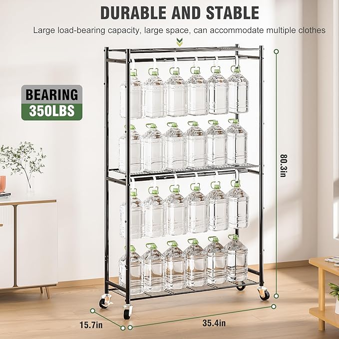 Rolling Clothes Rack for Hanging Clothes, Metal Clothing Garment Rack with Double Rods & 3 Wire Shelves, Portable Wardrobe Closet with Wheels