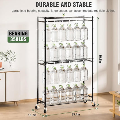 Rolling Clothes Rack for Hanging Clothes, Metal Clothing Garment Rack with Double Rods & 3 Wire Shelves, Portable Wardrobe Closet with Wheels