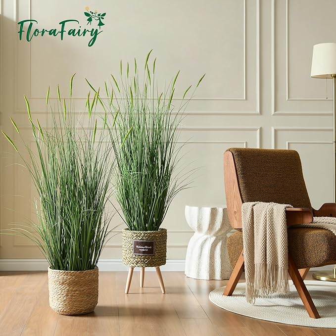Faux 4ft 2-Pack Horsetail Reed Grass with Green Spikes, 48in Tall Indoor Outdoor Fake Grass in Pot, Home Office Decorative Artificial Plant & Greenery, Wedding Decor Bristlegrass