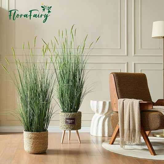Faux 4ft 2-Pack Horsetail Reed Grass with Green Spikes, 48in Tall Indoor Outdoor Fake Grass in Pot, Home Office Decorative Artificial Plant & Greenery, Wedding Decor Bristlegrass